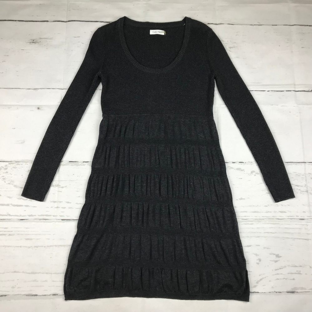 Calvin Klein womens S gray long sleeve scoop neck ribbed tiered sweater dress